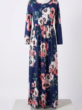 Floral Navy Long Sleeve Maxi Dress - Navy/Pink